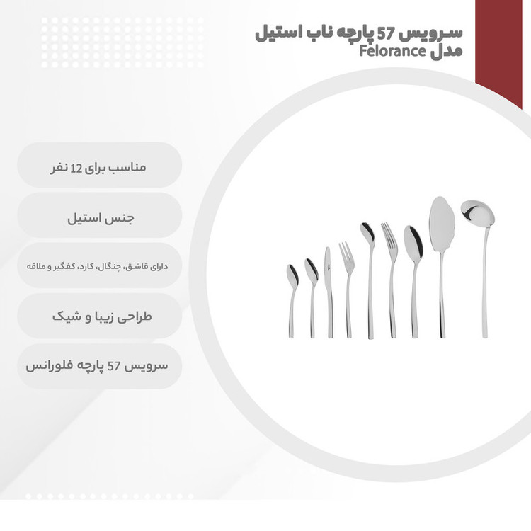 سرویس قاشق و چنگال 57 پارچه ناب استیل مدل Felorance