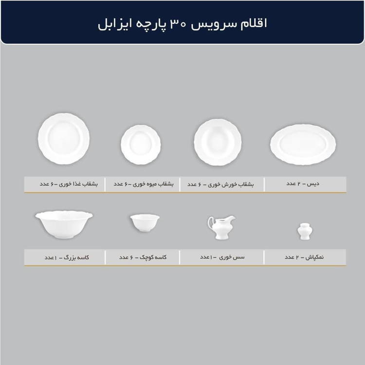 سرویس چینی پردیس طرح نلین 30 پارچه بن چاینا استخوانی ۶نفره