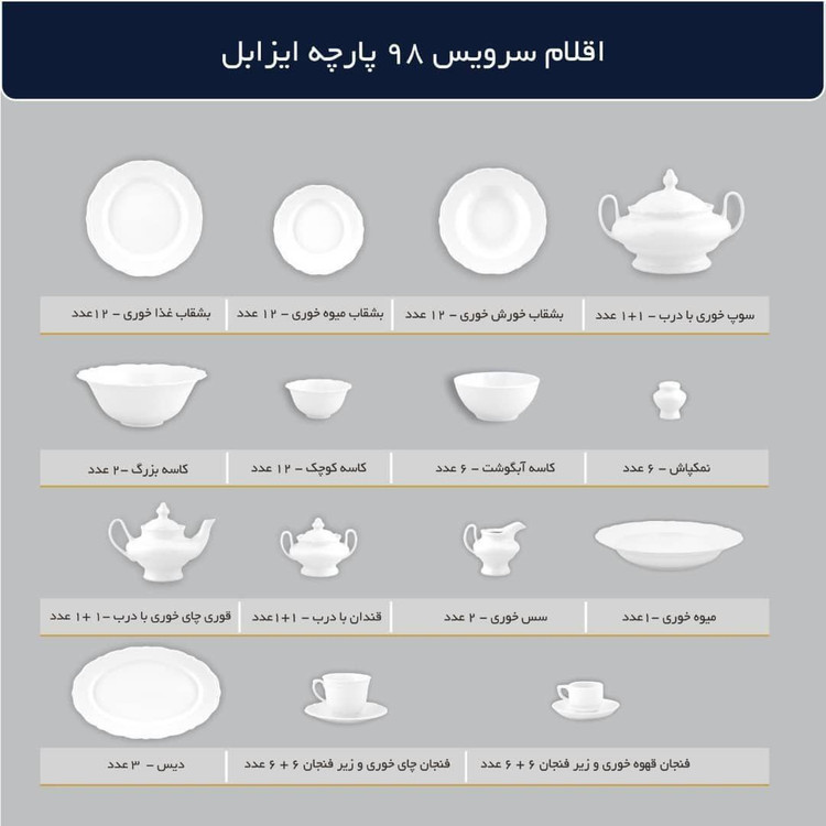 سرویس چینی پردیس طرح نلین ۹۸ پارچه بن چاینا ۱۲نفره