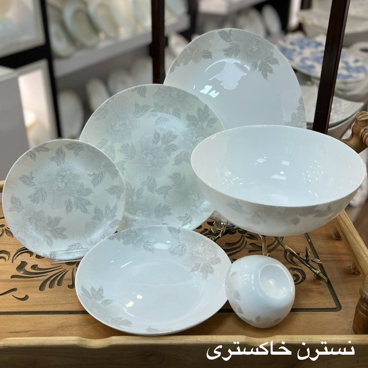 سرویس ۲۶ پارچه گرد کلاسیک مقصود طرح نسترن خاکستری برند لئون