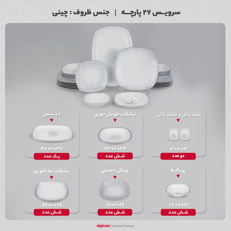 سرویس غذاخوری 27 پارچه چینی زرین ایران سری کواترو مدل ادلین درجه عالی