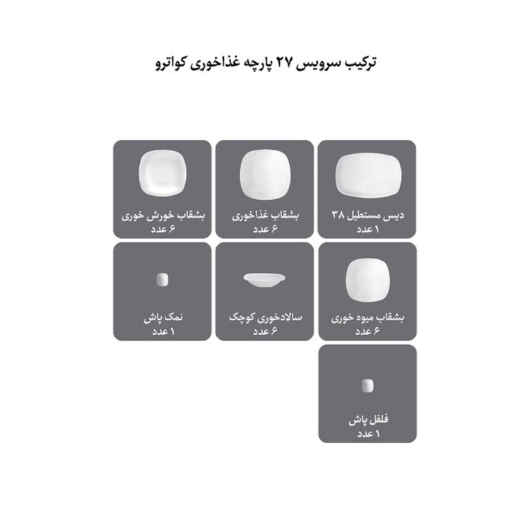 سرویس غذاخوری 27 پارچه چینی زرین ایران مدل کواترو ریوا درجه 3