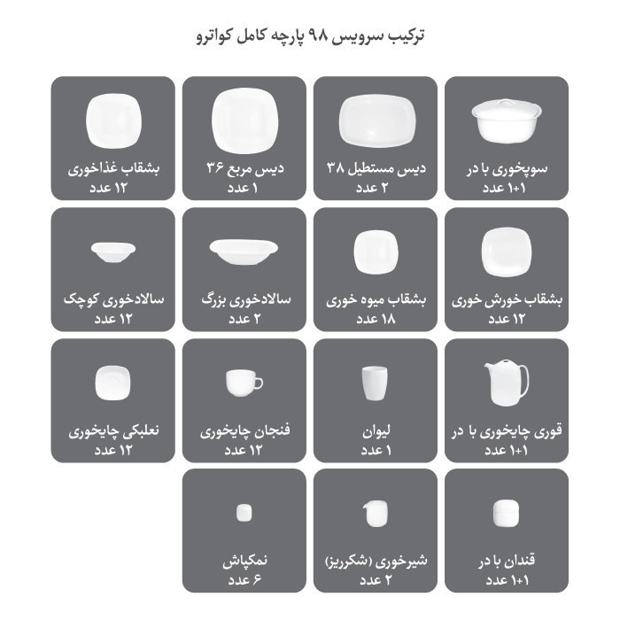 سرویس 98 پارچه غذاخوری چینی زرین ایران مدل کواترو