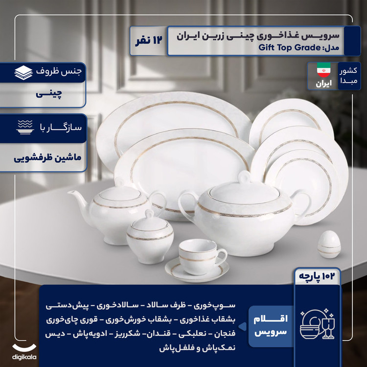سرویس غذاخوری 102 پارچه 12 نفر چینی زرین ایران مدل Gift Top Grade